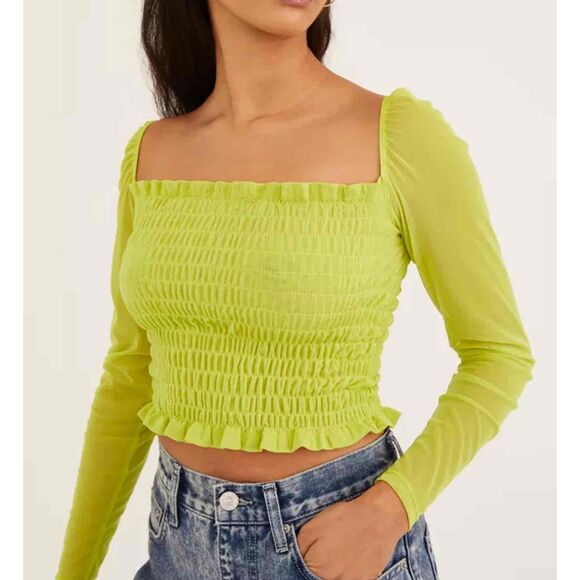 Lisa Says Gah Tops - Lisa Says Gah Green Off Shoulder Ruched Smocked Crop Top Small Cropped Stretchy